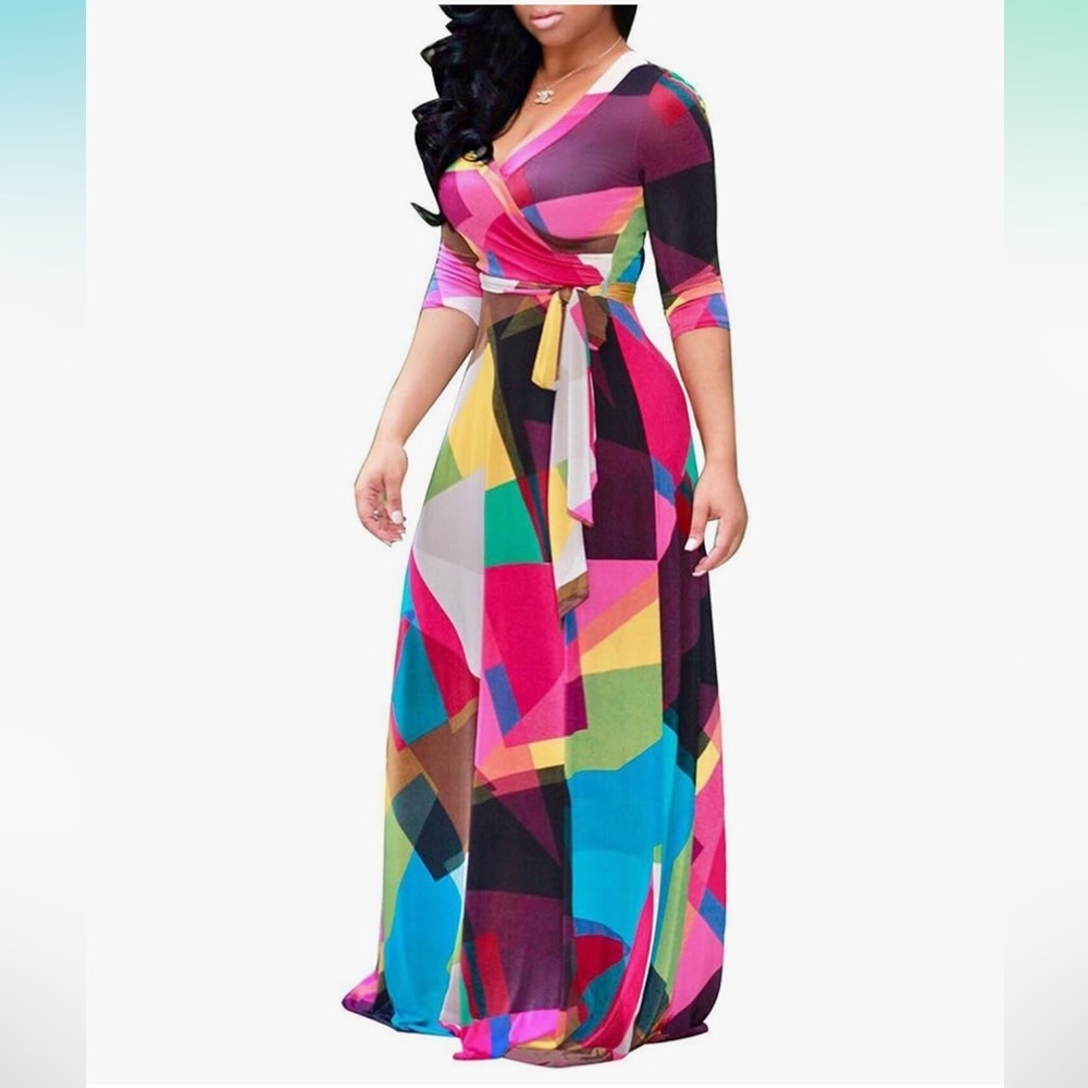 Locryz Women Sexy V Neck Floral Maxi Dress Long Sleeve Faux Wrap Multi Large